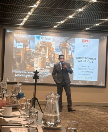Presentación técnica de DCC Perú en BNI sobre cimentaciones profundas y soluciones en pilotes excavados.