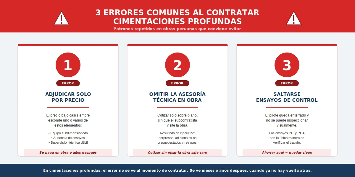 Infografía con los 3 errores comunes al contratar cimentaciones profundas: adjudicar solo por precio, omitir la asesoría técnica en obra y saltarse los ensayos de control PIT y PDA