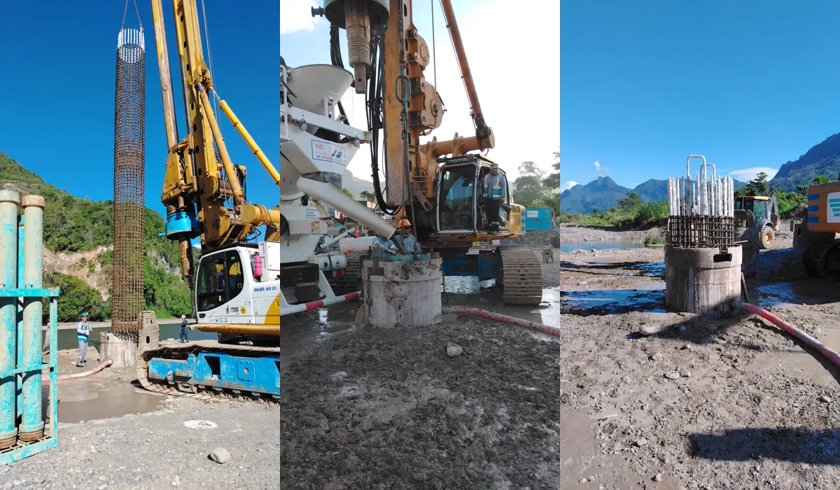 Secuencia de ejecución de un pilote excavado en el Puente Muyuna: izaje de la armadura, vaciado de concreto y pilote culminado